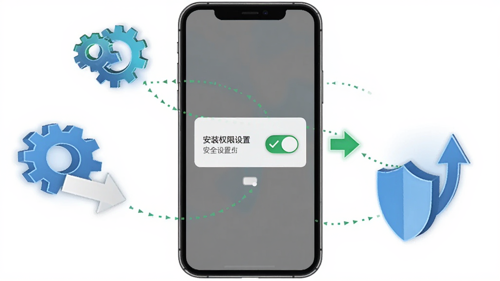 宏扬网校 手机安装与设置示意图,画面展示一部手机屏幕弹出安装权限开关界面,旁边配有齿轮与盾牌图标表示安全设置,布局手机居中、图标环绕,风格简洁说明性插画,细节包含勾选标记与箭头指引,画质干净清晰,无多余元素