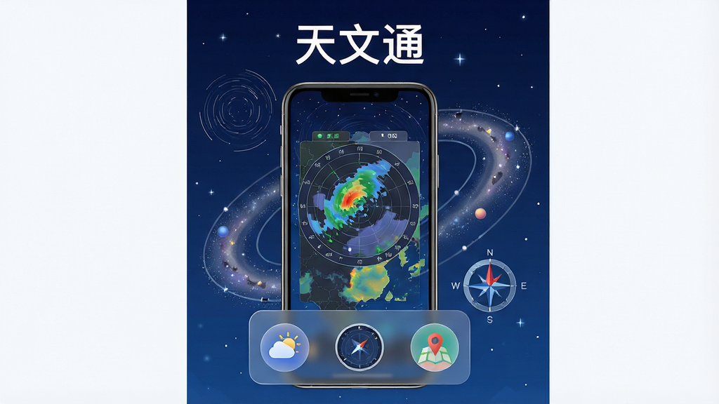 画面主体为一款名为“天文通”的手机应用界面展示,中央放置一部竖屏智能手机,屏幕上显示深蓝色星空背景下的天气雷达图与光污染地图图层,周围环绕着星轨、银河与指南针元素,布局采用居中对称构图,上方用白色无衬线字体标注“天文通”,下方排列三个圆形功能图标分别代表天气、星图和地图,整体风格为科技感扁平插画,细节包含细腻的星点渐变与半透明玻璃拟态面板,画质清晰干净,无多余装饰元素