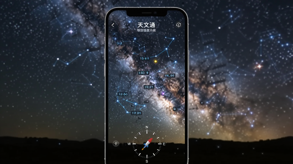 画面主体为“天文通”增强现实星图功能,布局为手机屏幕竖构图,屏幕中显示叠加在真实夜空画面上的星座连线与行星标签,画面下方有方位罗盘刻度,风格为AR科技感写实渲染,细节包含淡淡的银河带与闪烁星点,画质清晰通透,无多余UI元素