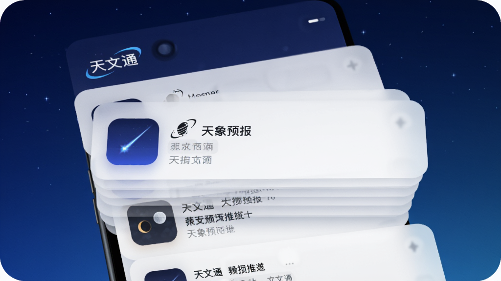 画面主体为“天文通”天象预报推送界面,布局为手机通知卡片堆叠展示,卡片上带有流星雨图标与月食示意图,背景为深蓝夜空渐变,风格为清爽卡片式设计,细节包含圆角矩形与柔和投影,画质干净明亮,无多余装饰