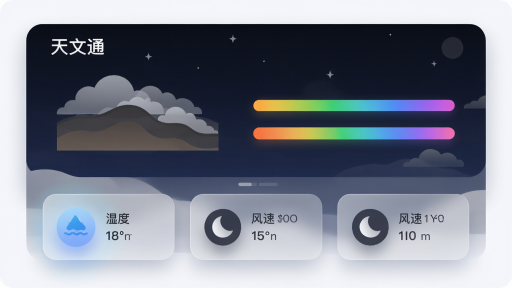 画面主体为“天文通”应用中的观星天气评分界面,布局采用上下分层结构,上半部分显示深色天空背景下的云层剖面图与彩色评分条,下半部分排列湿度、风速、月相的小图标卡片,风格为现代扁平化UI设计,细节包含半透明磨砂卡片与柔和渐变光晕,画质高清干净,画面中无多余文字堆砌