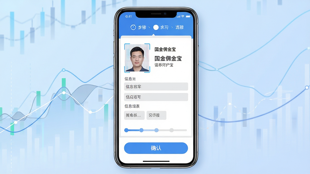 画面主体为智能手机屏幕展示证券开户流程页面,屏幕内包含身份证拍摄框、信息填写表单与进度步骤条;布局为手机居中放置,背景为浅蓝色渐变,左侧点缀抽象数据线条;排版上屏幕内容分为上中下三段,顶部为步骤指示,中部为表单区域,底部为确认按钮;风格为清爽商务扁平风,配色蓝白灰为主;细节上屏幕内可见“国金佣金宝”品牌标识,按钮为圆角矩形,图标线条简洁;画质高清,画面干净,无多余元素。