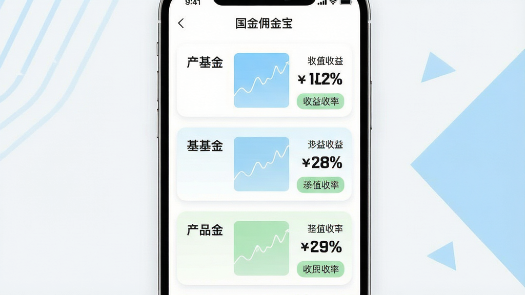 画面主体为手机屏幕展示基金理财列表页面,屏幕内包含基金产品卡片、净值曲线小图与收益率标签;布局为手机居中,背景为浅灰白色,右侧有淡蓝色几何图形装饰;排版上卡片纵向排列,每张卡片内左侧为产品名称、右侧为收益数据,层次清晰;风格为清新浅色金融风,配色以白、浅蓝、浅绿为主;细节上屏幕顶部可见“国金佣金宝”字样,卡片圆角柔和,数据字体加粗醒目;画质高清,画面干净,无多余元素。