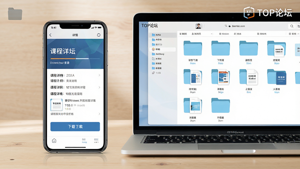 主体为一部手机与一台笔记本电脑并排摆放,手机屏幕显示课程详情页与下载按钮,电脑屏幕显示文件夹中排列整齐的课件文档;布局为左右并列构图,背景为浅木色桌面;排版简洁,图标清晰;风格为写实数码产品展示风,细节包含下载进度条、文档缩略图与文件夹标签,屏幕角落文字写
