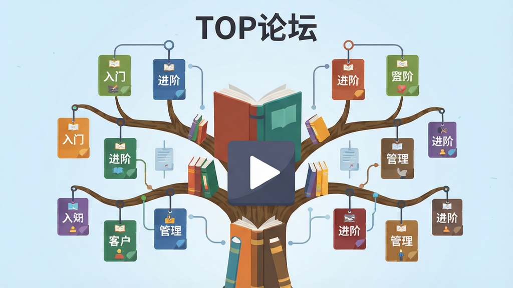 主体为一棵由书本与播放按钮组成的知识树,树干居中,枝干向两侧展开,每根枝干末端挂着不同颜色的课程卡片,卡片上写有