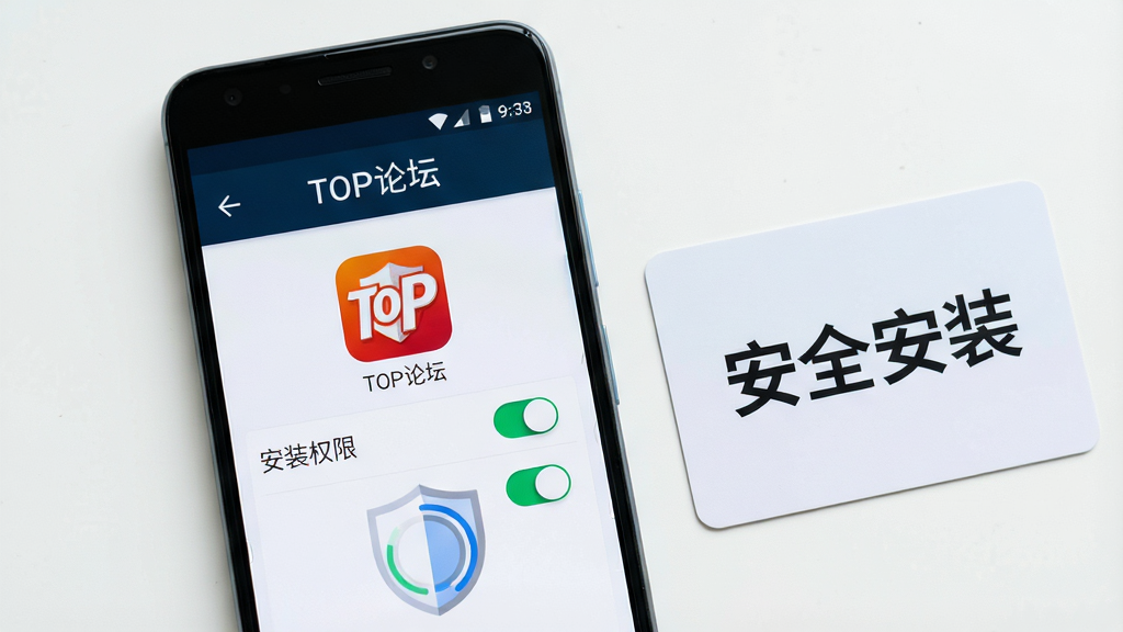 主体为一部安卓手机特写,屏幕显示应用安装权限设置界面与TOP论坛图标,旁边放着一张写有