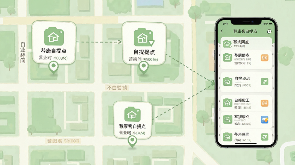 画面主体为一张社区街区俯视地图,地图上标注三个自提点图标并以虚线连接至一部手机,手机屏幕显示荐康客自提点附近网点列表;地图配色为浅绿与米白,图标采用圆角卡片样式,整体风格清爽简约,布局左图右机,细节上体现距离标注与营业时间小字,画质干净清晰,无杂乱元素