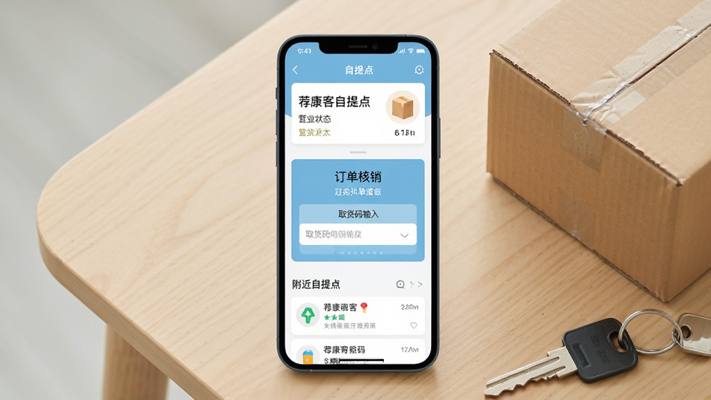 画面主体为一部竖屏智能手机,屏幕中央展示荐康客自提点应用首页界面,上方为门店名称与营业状态卡片,中部为订单核销入口与取货码输入框,下方为附近自提点列表;手机放置在浅木色桌面上,旁边搭配一个快递纸箱与一把钥匙;整体采用清新浅色系扁平化风格,布局居中对称,细节上突出界面按钮与文字排版,画质清晰干净,无多余装饰元素