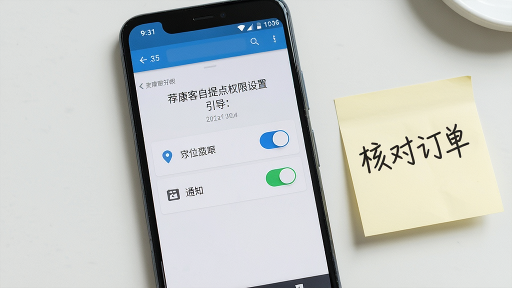 画面主体为一部安卓手机屏幕特写,显示荐康客自提点权限设置引导页,页面上有定位与通知两个开关选项;手机旁放置一张写有