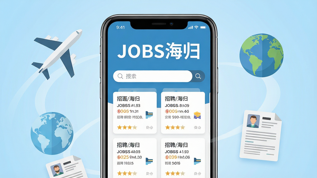 画面中央一部智能手机,屏幕显示“JOBS海归”应用主界面,上方有醒目的“JOBS海归”文字标识,界面内排列着招聘岗位卡片与搜索栏,手机两侧环绕着飞机、地球、简历文档等扁平化图标元素,背景为浅蓝色渐变,整体采用清爽现代的UI设计风格,细节精致,画质清晰干净,无多余装饰元素