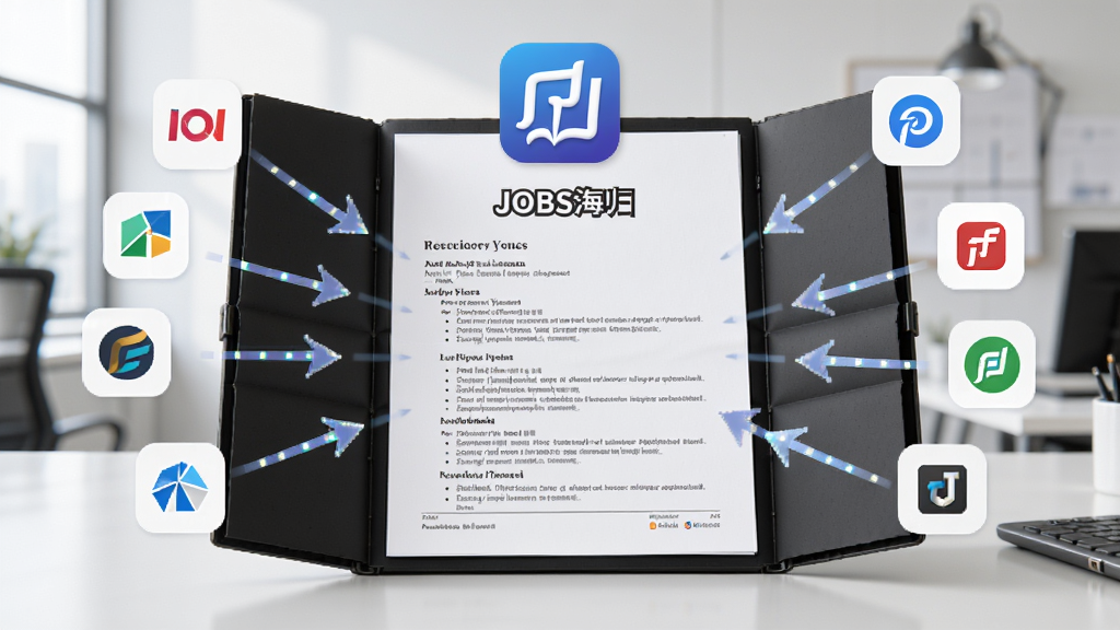 画面中心为一份展开的电子简历文档,文档上方标注“JOBS海归”应用图标,简历周围有多个企业logo环绕,并配有箭头指向简历,象征简历直达企业,背景为浅灰色办公场景,风格简洁商务,细节精致,画质清晰,画面干净无多余元素