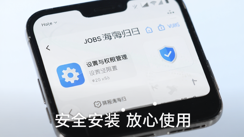 画面为一部安卓手机屏幕特写,屏幕上显示“JOBS海归”应用的设置与权限管理界面,旁边有齿轮图标与盾牌安全图标,手机下方有一行文字提示“安全安装 放心使用”,背景为浅色渐变,风格简洁科技感,细节清晰,画质干净明亮