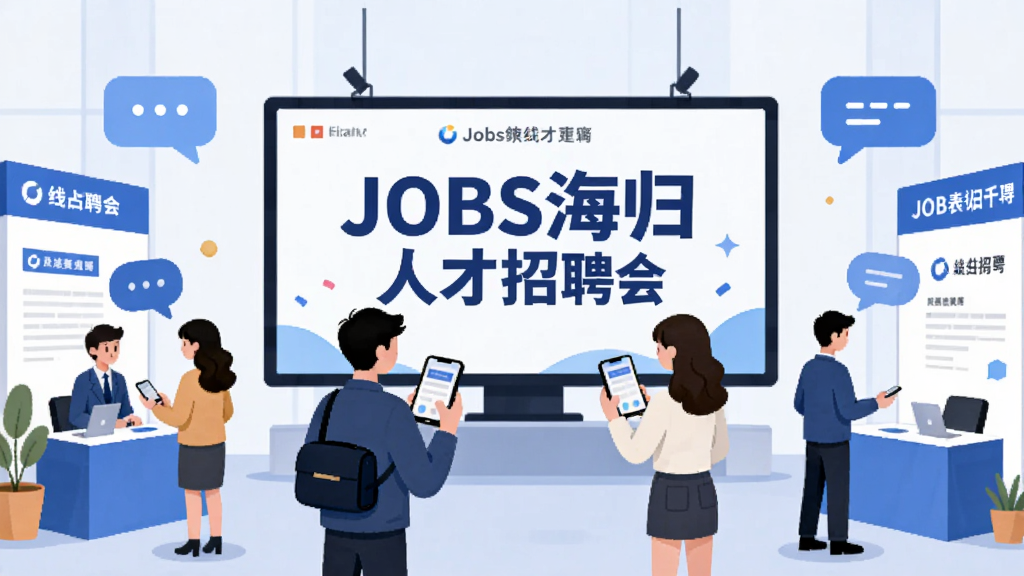 画面展示一个线上招聘会场景,中央大屏幕显示“JOBS海归人才招聘会”字样,屏幕前有几位求职者手持手机浏览信息,周围环绕着企业展位与交流对话气泡图标,整体采用扁平插画风格,配色以蓝白为主,构图均衡,细节清晰,画质干净明亮