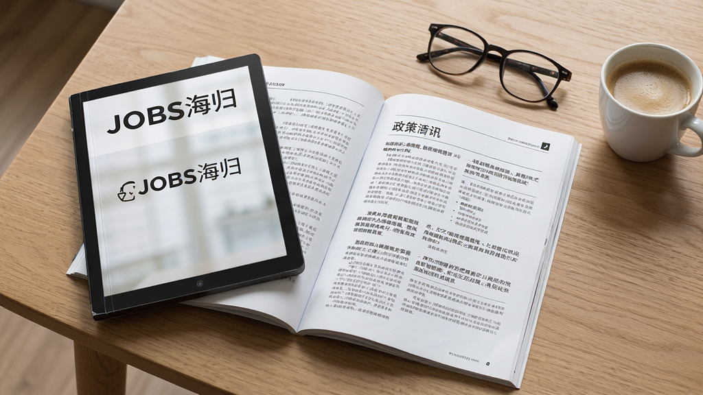 画面主体为一本翻开的电子杂志,封面印有“JOBS海归”标识,书页上呈现政策文件与资讯标题的排版样式,旁边放置一副眼镜与一杯咖啡,背景为木质桌面,整体风格清新素雅,细节丰富,画质清晰,画面干净整洁