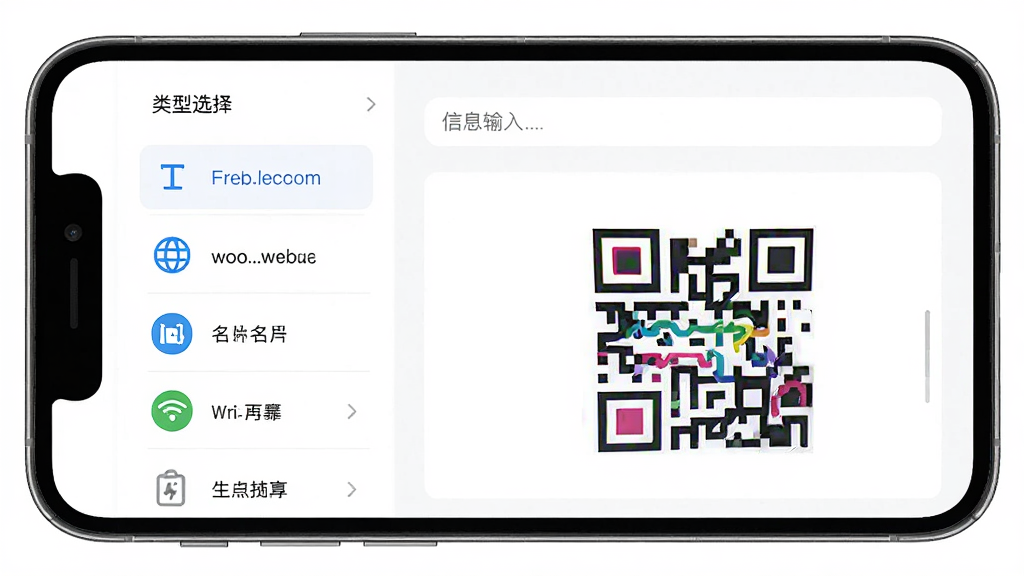 画面主体为手机屏幕展示二维码生成美化器的多类型生成界面,布局为左侧类型选择列表、右侧信息输入框与二维码预览区,排版整齐对称,风格为清爽科技感UI风格,细节包含文本、网址、名片、WiFi等图标选项与彩色二维码预览,画质高清干净,无多余元素