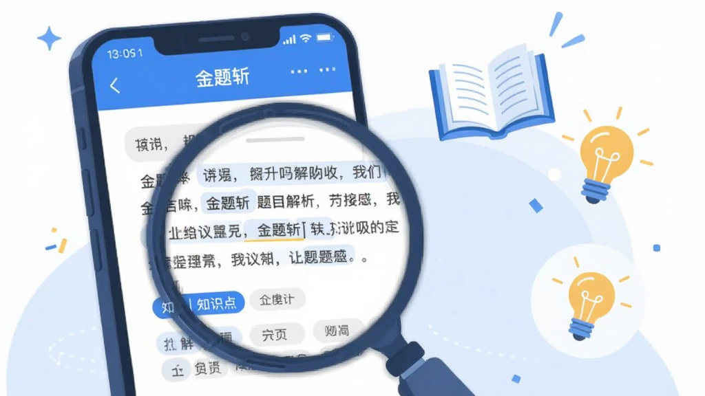 手机屏幕放大展示“金题斩”题目解析界面,文字段落与知识点标签清晰可见,手机旁边漂浮着书本与灯泡图标,象征理解与启发,整体为扁平化矢量插画风格,配色清爽,以蓝白为主,布局简洁,画质干净,无杂乱元素