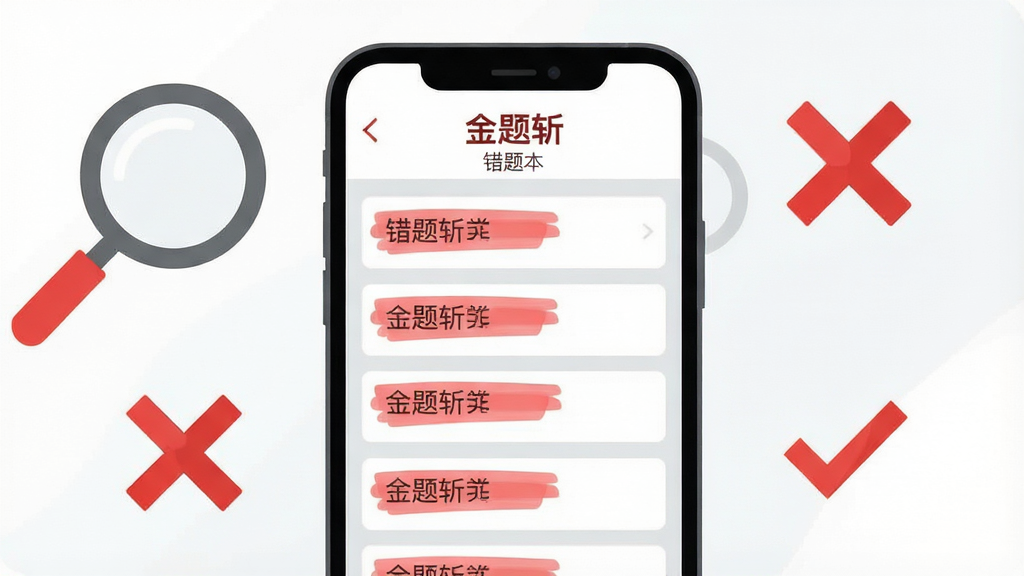 手机屏幕特写,显示“金题斩”错题本界面,红色标记的错题条目整齐排列,手机周围环绕着放大镜、红色叉号与对勾图标,扁平化设计风格,配色以白、红、浅灰为主,布局居中对称,画面干净整洁,画质清晰,无多余背景元素