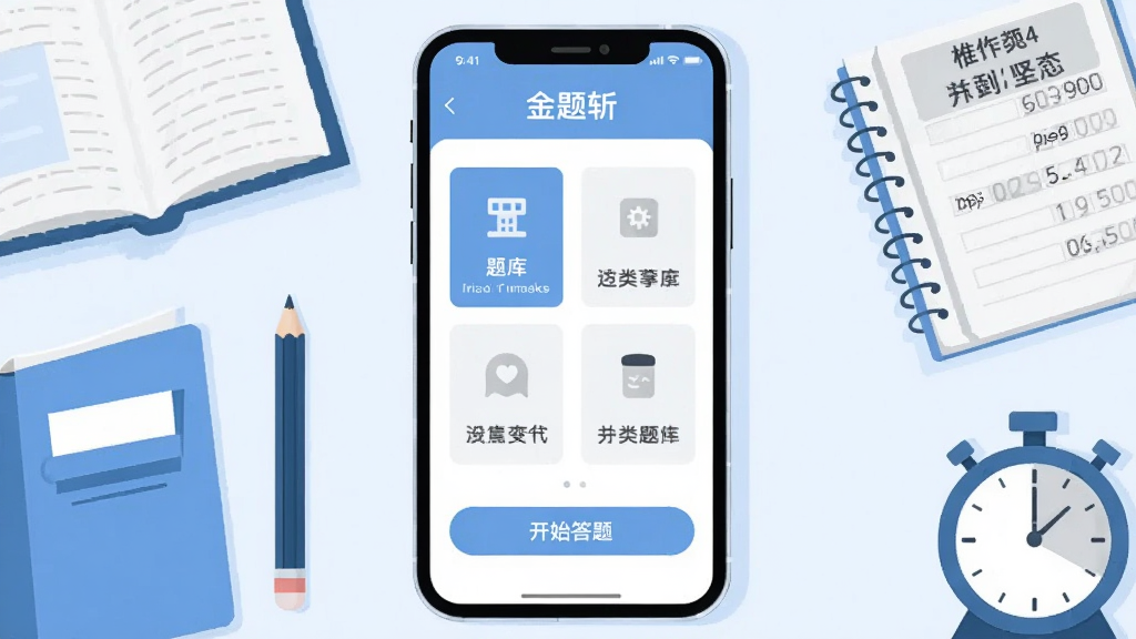 画面中央是一部竖屏智能手机,手机屏幕上显示“金题斩”软件首页界面,包含题库分类卡片与开始答题按钮,手机两侧分布着书本、铅笔、错题本与计时器元素,整体采用扁平化插画风格,浅蓝色与白色为主色调,布局简洁对称,细节清晰,画质干净锐利,无多余装饰元素