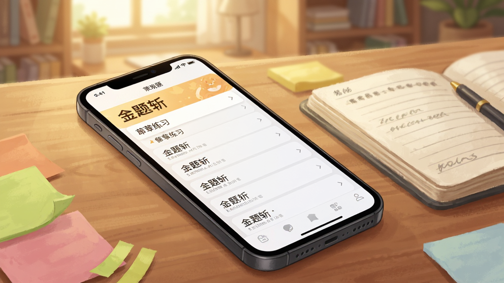 一部手机斜放在木质桌面上,屏幕中显示“金题斩”章节练习列表,旁边散落着翻开的笔记本与彩色便签,背景为柔和暖光书房场景,插画风格清新自然,构图以手机为视觉中心,细节丰富,画质干净明亮,无杂乱元素