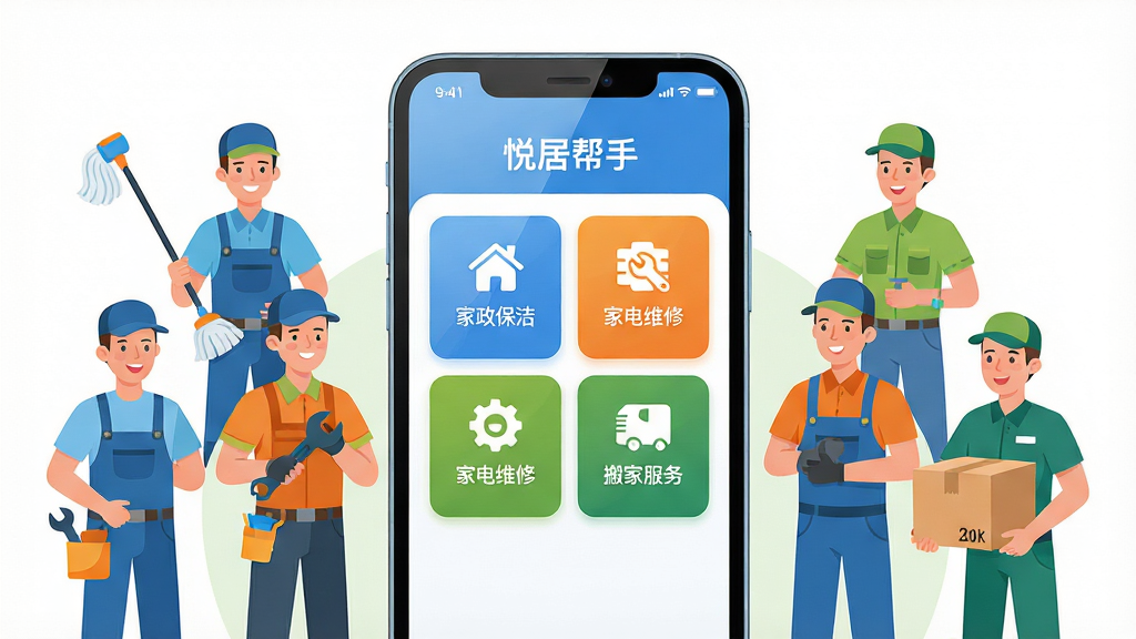 画面主体为一部竖向放置的智能手机,屏幕中央展示“悦居帮手”应用主界面,界面包含家政保洁、家电维修、搬家服务等彩色功能卡片;手机两侧环绕着保洁员、维修师傅、搬家小哥的扁平化卡通人物形象,人物面带微笑、动作自然;整体布局居中对称,手机位于视觉中心,人物呈弧形分布;排版采用上下留白、左右均衡的构图;风格为现代扁平化插画风,配色以清新蓝、暖橙、草绿为主,色调明亮柔和;细节上手机屏幕有轻微高光反射,人物衣着带有工具元素如拖把、扳手、纸箱;画质清晰锐利,画面干净整洁,无多余装饰元素。
