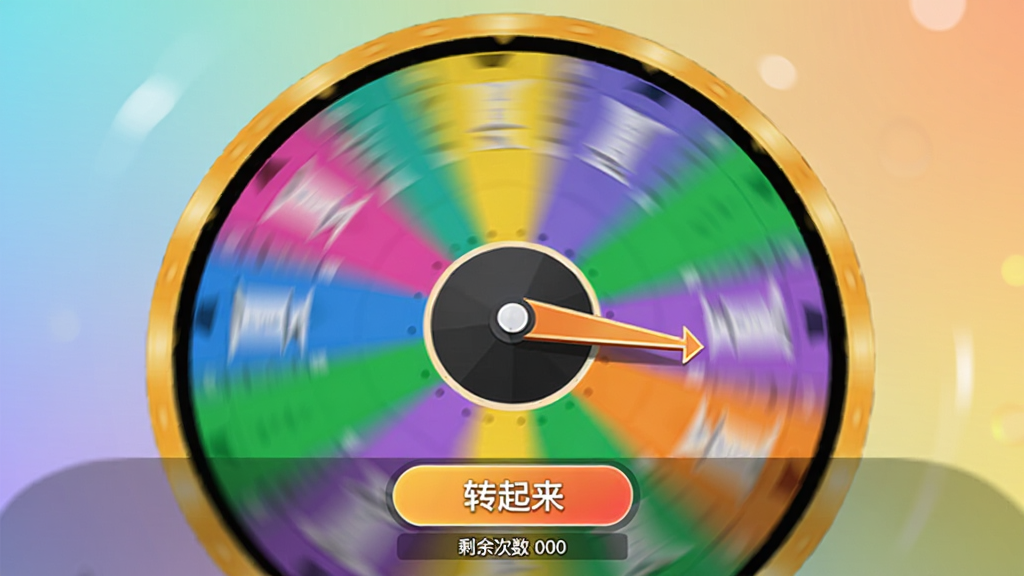 大转盘小决定软件转盘高速旋转的动态瞬间截图,转盘呈现运动模糊效果,指针即将停靠,屏幕上有“转起来”的按钮和剩余次数显示,背景为柔和渐变色,整体画面动感十足,画质清晰,无多余元素