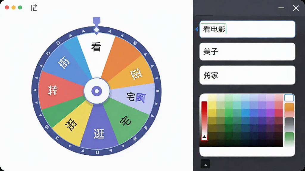 大转盘小决定软件的自定义编辑界面,屏幕上显示一个正在编辑的转盘,旁边有文字输入框和颜色选择器,用户正在输入“看电影”“逛街”“宅家”等选项,界面元素清晰,风格简洁现代,画质干净,无多余装饰