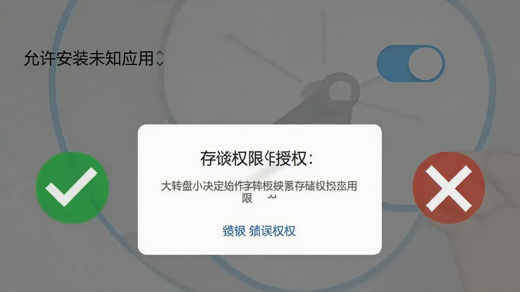 大转盘小决定软件在安卓手机上的安装权限设置界面示意图,画面显示“允许安装未知应用”开关和存储权限授权弹窗,旁边配有对勾和叉号图标示意正确与错误操作,风格简洁说明性强,画质清晰,无多余元素