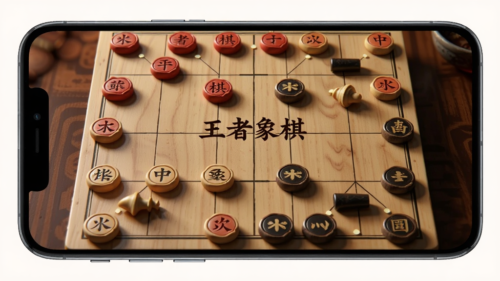 主体是一台横放的智能手机,屏幕上显示中国象棋棋盘与红黑棋子,棋盘中央有“王者象棋”四个字,布局为手机居中、棋盘占满屏幕,排版上下留白,风格为写实产品展示风,细节包含木质棋盘纹理、立体棋子、柔和灯光,画质清晰干净无多余元素