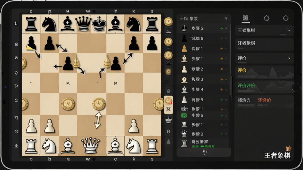 主体是一台平板电脑,屏幕上显示象棋棋谱复盘界面,棋盘旁边有步骤列表和评价标注,布局为棋盘居左、信息栏居右,排版清晰,风格为深色专业风,细节包含高亮棋子、箭头指示、数据面板,画质干净无多余元素,画面角落有“王者象棋”标识
