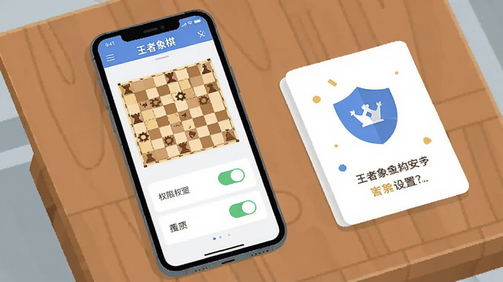 主体是一部手机放在桌面上,屏幕显示王者象棋设置界面与权限开关,旁边有提示卡片图形,布局为手机居中偏左、卡片居右,排版错落,风格为清新扁平插画风,细节包含齿轮图标、权限开关、盾牌安全标识,画质干净清晰无多余元素,画面有“王者象棋”字样