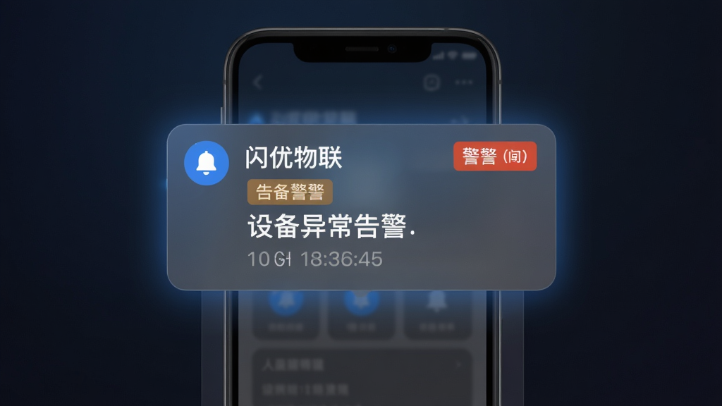 画面主体为手机屏幕弹出“闪优物联”消息提醒卡片,卡片上显示设备异常告警文字与时间信息;布局为手机居中,背景为深色渐变,突出提醒卡片;排版上卡片占据视觉中心,周围有轻微光晕;风格为现代UI展示风格,蓝灰配色;细节包含铃铛图标、告警标签、清晰文字层级;画质高清,画面干净,无多余元素