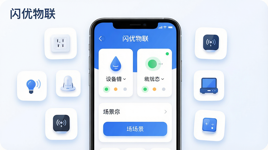 画面主体为一部竖屏智能手机,屏幕中央展示“闪优物联”应用主界面,界面包含设备卡片、状态指示灯与场景按钮;布局采用居中构图,手机两侧悬浮若干智能家居设备图标,如插座、传感器、网关;排版简洁,顶部留白放置软件名称“闪优物联”;风格为现代科技感扁平插画,蓝白主色调;细节包含柔和阴影、圆角卡片、清晰图标线条;画质高清,画面干净,无多余元素