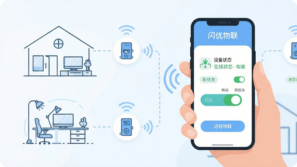 画面主体为一只手持手机的手,手机屏幕显示“闪优物联”远程控制界面,界面中有设备在线状态与开关按钮;布局为手机位于画面右侧,左侧用简洁线条勾勒家庭与办公场景轮廓;排版突出远程连接概念,画面中部有虚线连接手机与设备图标;风格为清爽扁平科技插画,浅蓝与白色搭配;细节包含信号波纹、状态标签、圆角按钮;画质清晰,画面干净,无多余元素