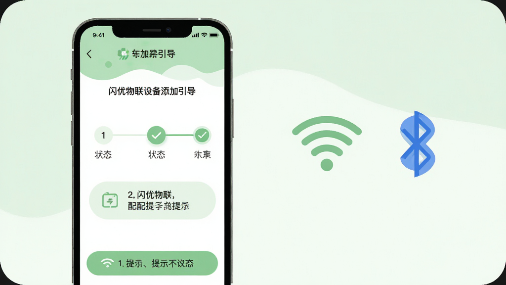 画面主体为手机屏幕展示“闪优物联”设备添加引导页面,页面中有步骤条与配网提示文字;布局为手机居中偏左,右侧用简洁图标展示WiFi与蓝牙信号;排版突出步骤引导,画面底部有提示条;风格为清新扁平插画,浅绿与白色搭配;细节包含步骤序号、状态勾选、圆角提示框;画质清晰,画面干净,无多余元素