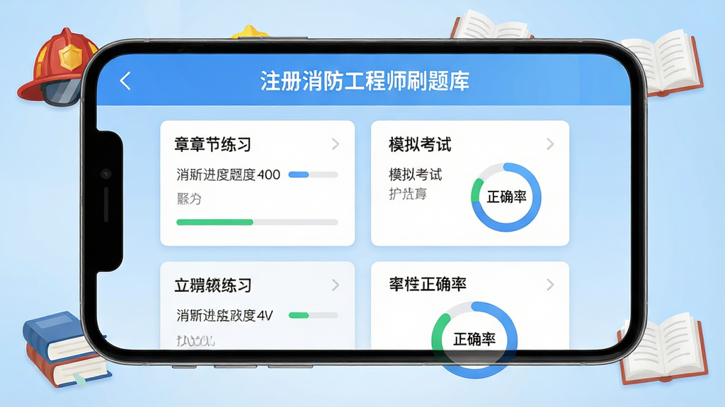 手机屏幕中央展示注册消防工程师刷题库应用主界面,界面顶部显示软件名称注册消防工程师刷题库,中部为章节练习和模拟考试功能卡片整齐排列,背景为浅蓝色渐变,周围点缀消防头盔和书本图标,布局简洁清晰,风格为扁平化UI设计,细节包含题目进度条和正确率环形图,画质高清,画面干净,无多余元素
