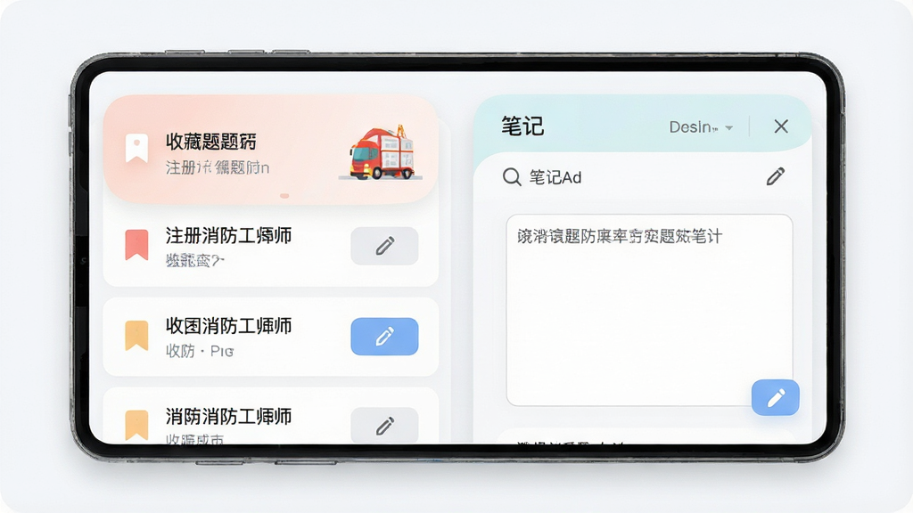 注册消防工程师刷题库收藏夹与笔记界面展示,屏幕中显示收藏题目列表和笔记输入框,界面采用卡片式布局,配色柔和,细节包含书签图标和编辑按钮,风格简约清新,画质清晰,画面干净无多余装饰