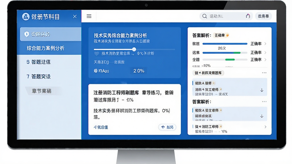 注册消防工程师刷题库章节练习界面展示,左侧为科目列表包含技术实务综合能力案例分析,右侧为题目卡片和答案解析区域,界面风格清爽,配色以蓝白为主,细节包含答题进度和正确率统计,画质清晰,布局规整,干净无杂乱