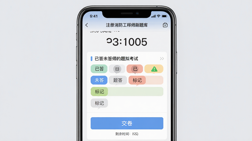 注册消防工程师刷题库模拟考试界面展示,手机屏幕显示考试倒计时和答题卡,答题卡上用不同颜色标记已答未答和标记题目,背景为淡灰色,风格为教育类应用UI,细节包含交卷按钮和剩余时间提示,画质高清,画面干净整洁