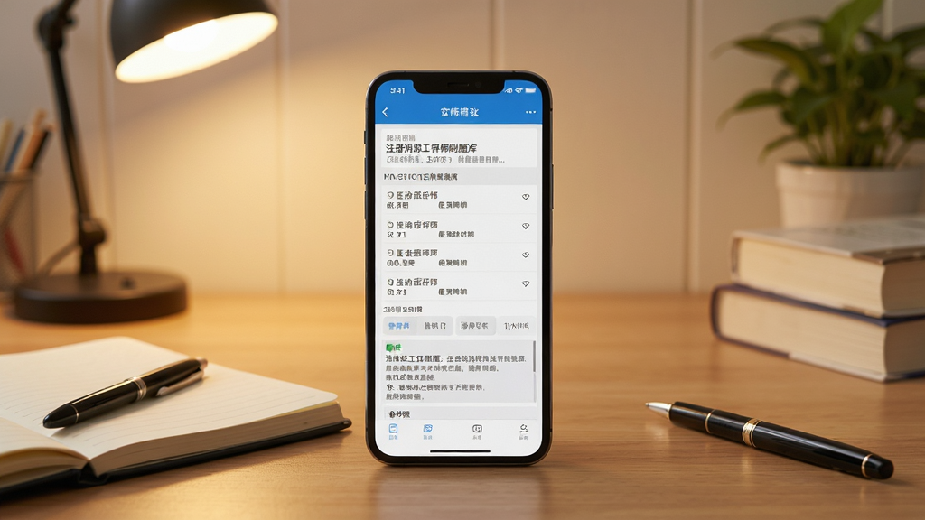 注册消防工程师刷题库安卓手机安装与刷题场景展示,画面中一部手机放置在书桌上,屏幕显示题库答题界面,旁边放有笔记本和笔,背景为温馨的学习角环境,风格写实,细节包含手机界面上的题目选项和解析文字,画质清晰,构图干净,无多余杂物