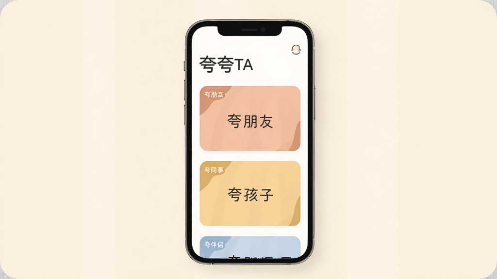 一部手机屏幕显示「夸夸TA」应用界面,界面中排列多张夸赞卡片,卡片上分别写着「夸朋友」「夸同事」「夸孩子」「夸伴侣」,卡片色彩温和,背景为浅米色,扁平化UI风格,排版整齐,画质清晰干净
