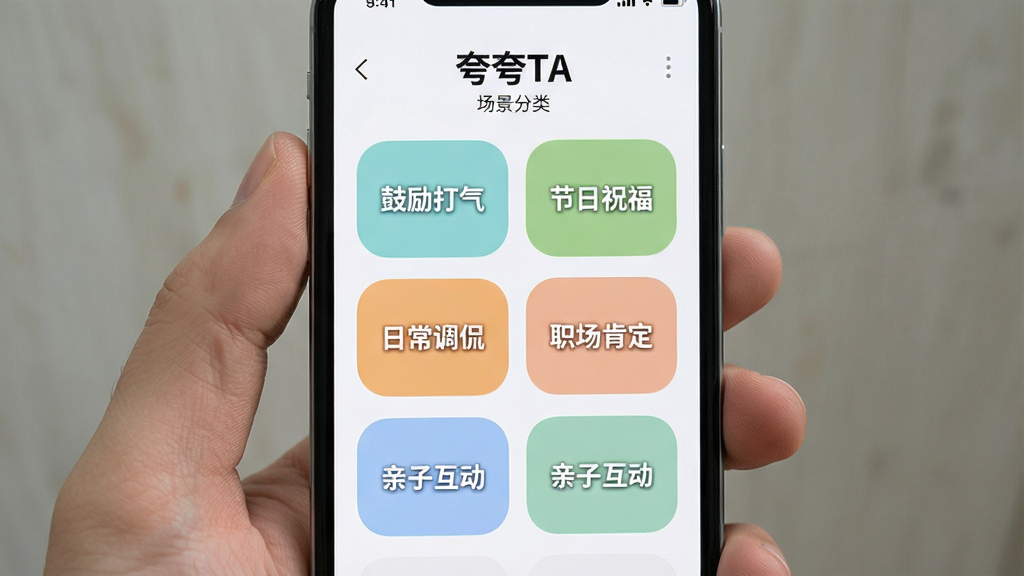 手机屏幕展示「夸夸TA」场景分类页面,页面以网格形式排列「鼓励打气」「节日祝福」「日常调侃」「职场肯定」「亲子互动」等标签,标签采用圆角色块设计,配色清新,整体布局疏朗,画质干净