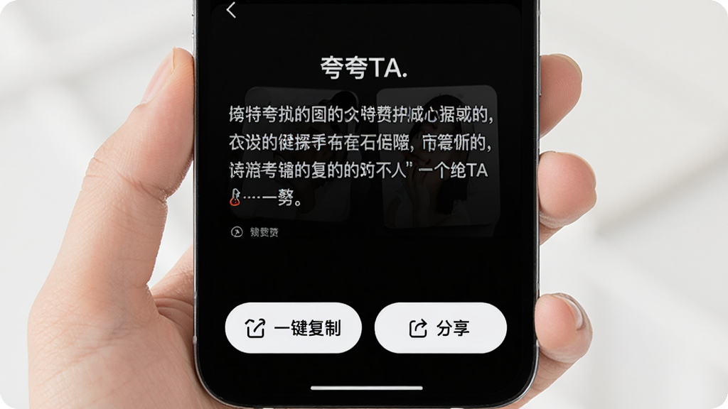 手机界面展示「夸夸TA」内容生成结果页,页面底部有醒目的「一键复制」和「分享」按钮,按钮为圆角设计,屏幕上方显示一段夸赞文字,整体风格简洁明快,画质清晰