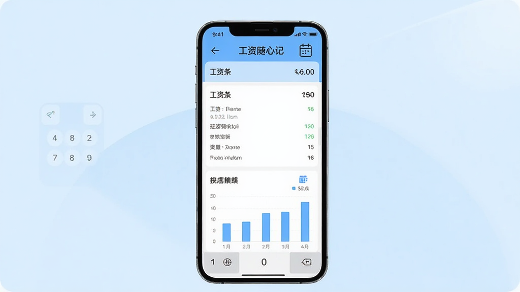 主体为一部智能手机,屏幕显示工资随心记应用的记账界面,包含工资条列表和柱状统计图,布局居中,背景为浅蓝色渐变,风格清新简约,细节包括数字键盘图标和日历标记,画质清晰干净,无多余元素