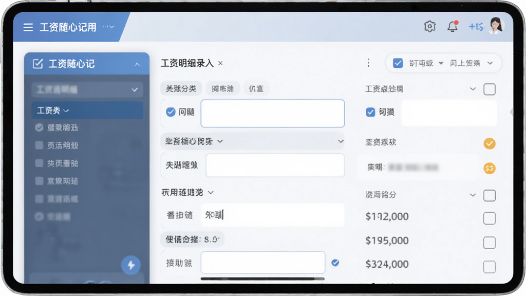 画面中央为工资随心记应用界面,展示工资明细录入表单,包含多个输入框和分类标签,布局左右分栏,风格扁平化商务风,细节有勾选图标和金额数字,画质干净清晰,无多余元素