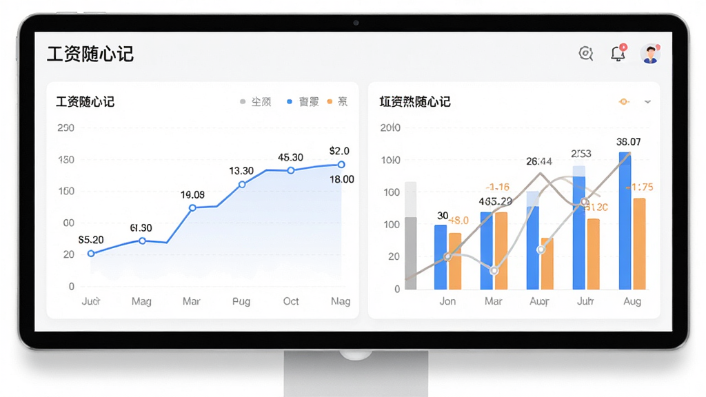 主体为工资随心记应用的数据统计页面,展示折线图和柱状图组合,布局上下结构,风格现代简洁,细节包括月份标签和数值标注,画质高清干净,无多余元素