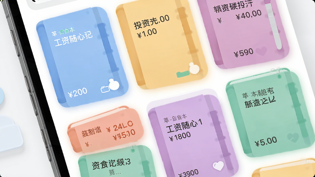 画面展示工资随心记应用的多账本管理界面,屏幕中排列多个彩色账本卡片,布局网格状,风格柔和圆角设计,细节有账本名称和金额摘要,画质清晰干净,无多余元素