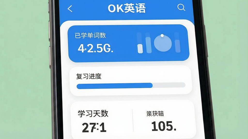 一张学习进度统计界面图,画面为手机屏幕内显示学习数据面板,包含已学单词数、复习进度条、学习天数等图形化元素,布局为上下结构,风格为清爽数据可视化风格,细节包括蓝色主色调、圆角图表、简洁数字排版,画质高清干净,画面中文字为“OK英语”,无多余元素