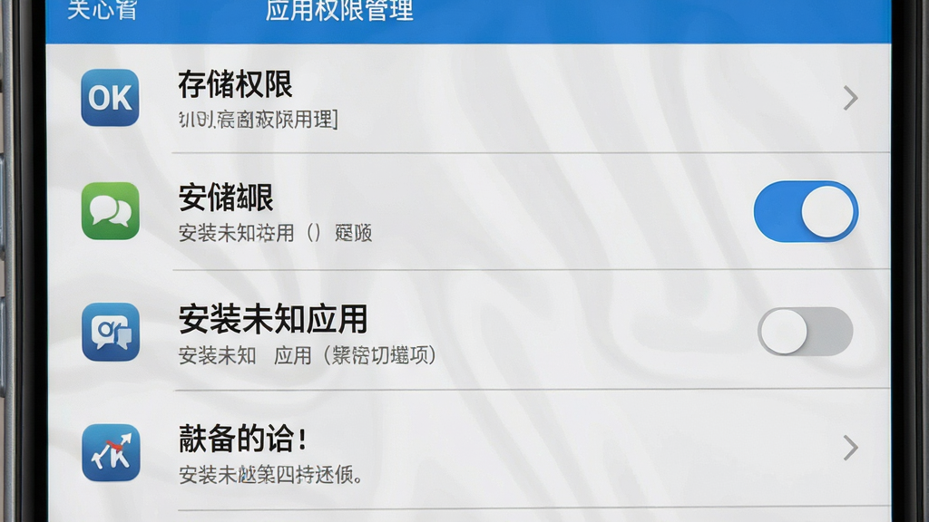 一张手机安全设置界面示意图,画面为手机屏幕显示应用权限管理页面,包含存储权限开关、安装未知应用选项等元素,布局为列表式排列,风格为系统设置界面写实风,细节包括清晰图标、灰色与蓝色搭配、简洁文字说明,画质高清干净,画面中文字为“OK英语”,无多余元素