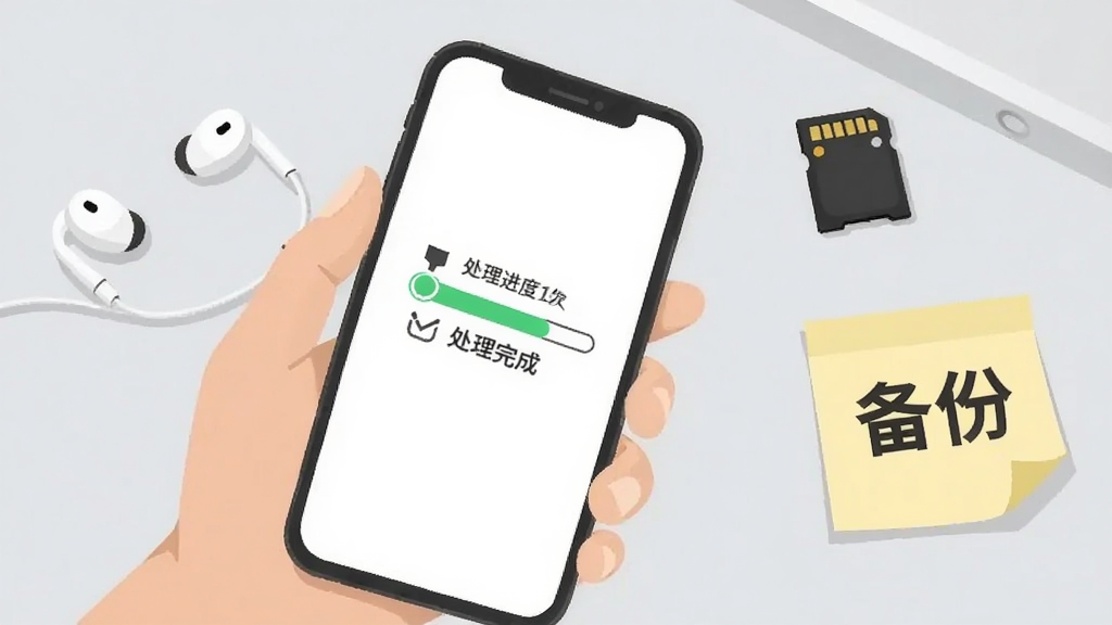 画面为一只手拿着手机,屏幕显示处理进度条与“处理完成”提示,手机旁边散落着耳机、存储卡和一张写有“备份”字样的便签,背景为浅灰色桌面,布局为斜角俯拍构图,风格为简约实用插画,细节上进度条用绿色填充,画质干净清晰,无多余装饰元素