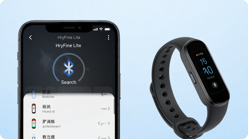 手机屏幕显示“HryFine Lite”蓝牙搜索设备界面,界面中有搜索动画与设备列表,手机旁边放着智能手环,背景为浅蓝色渐变,画面布局居中,风格科技简洁,细节清晰,画质高清,干净无杂乱